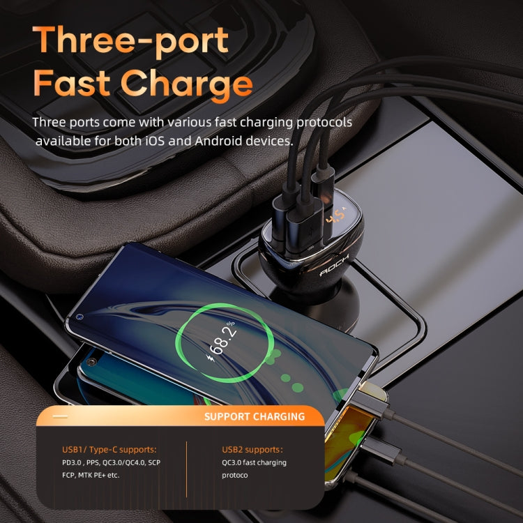 ROCK C301 60W Smart Digital Display Three Ports Car Charger, C301