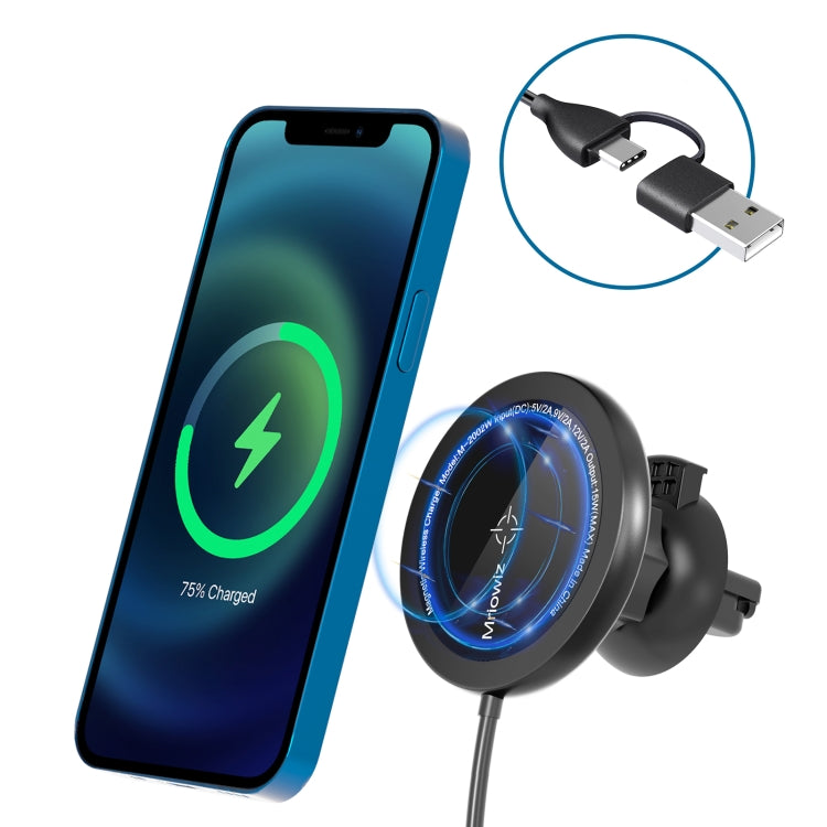 Mriowiz M-2002W 15W 360° Rotating MagSafe Magnetic Wireless Car Charger for iPhone 12 Series with USB & USB-C Cable (1m)