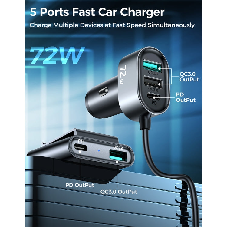 JOYROOM JR-CL05 75W 2 PD USB-C / Type-C + 3 QC 3.0 USB Fast Car Charger, JR-CL05