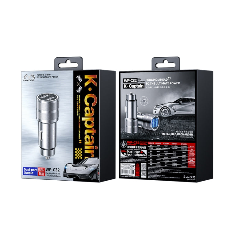 WK WP-C32 Car Youpin Series 12W DC12V-24V Dual USB Metal Car Charger, WP-C32