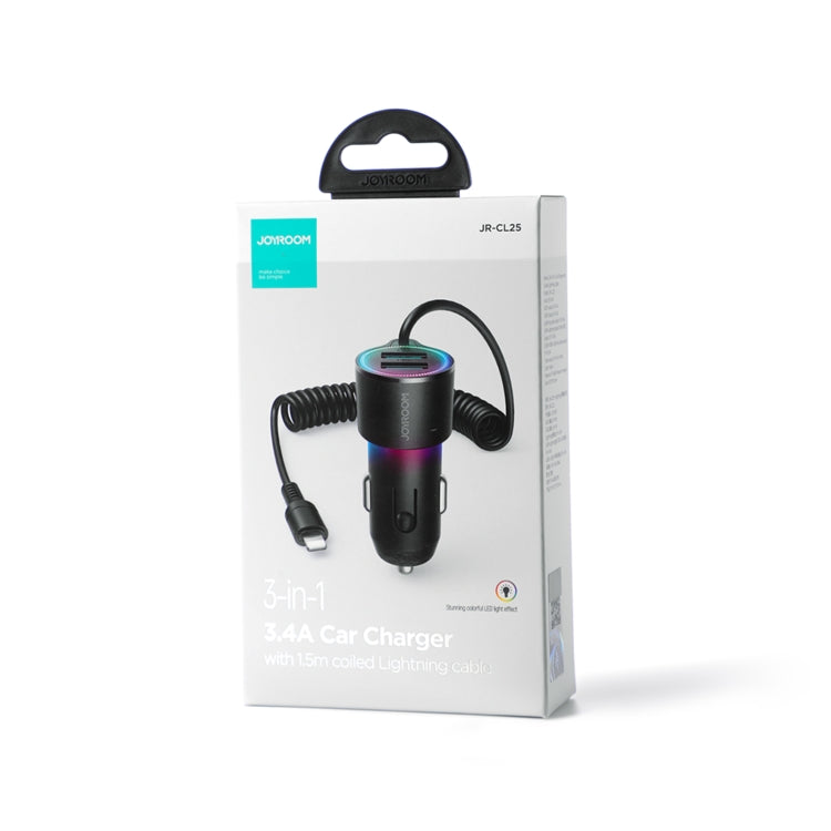 JOYROOM JR-CL25 3.4A 3-in-1 Car Charger with Coiled 8 Pin Cable, JR-CL25