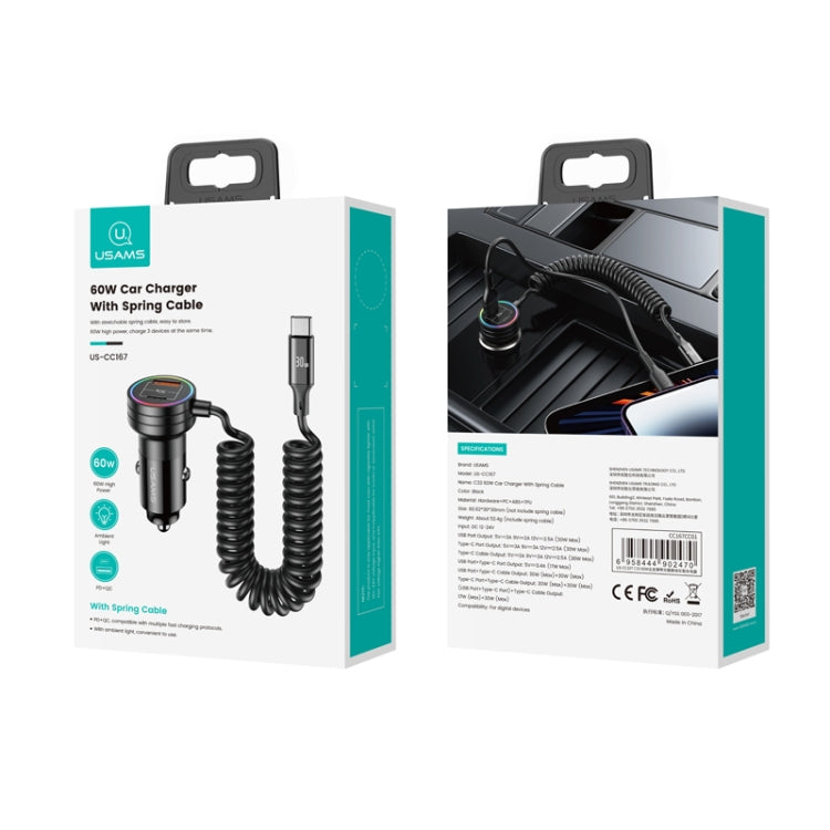 USAMS US-CC167 C33 60W Spring Cable Car Charger with Aperture, US-CC167 C33