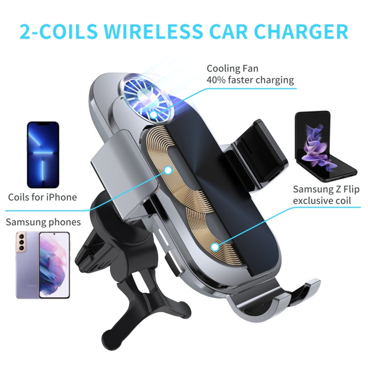 C36 Fan Cooling Dual Coil Car Phone Holder Wireless Charger