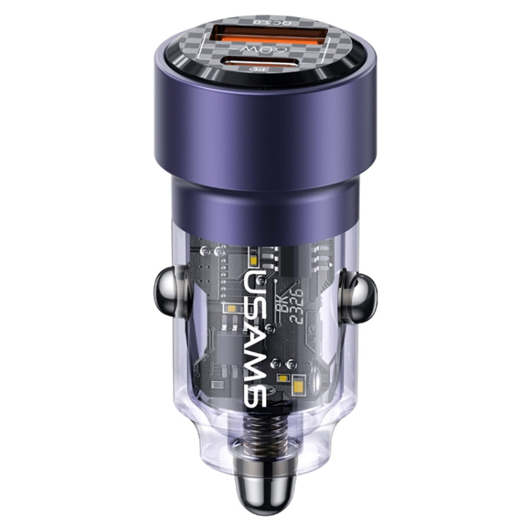 USAMS US-CC208 C39 60W USB + Type-C Dual Port Fast Charging Aluminum Alloy Transparent Car Charger