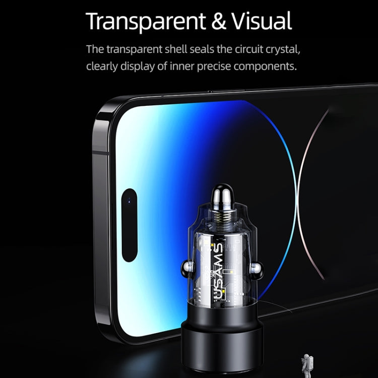 USAMS US-CC208 C39 60W USB + Type-C Dual Port Fast Charging Aluminum Alloy Transparent Car Charger