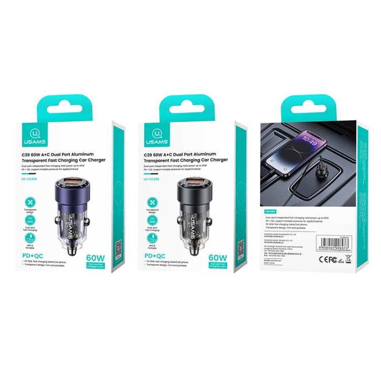 USAMS US-CC208 C39 60W USB + Type-C Dual Port Fast Charging Aluminum Alloy Transparent Car Charger