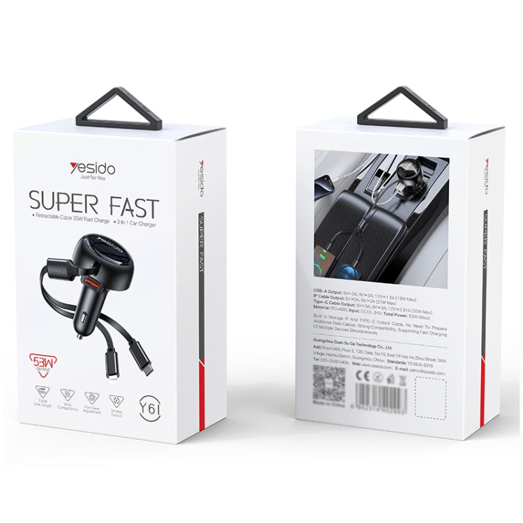Yesido Y61 53W Type-C + 8 Pin Retractable Cable 3 in 1 Car Charger