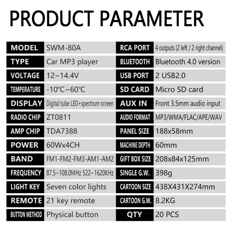 SWM-80A DC12V Car MP3 Support FM / AM & Bluetooth & Mobile Phone Voice Assistant