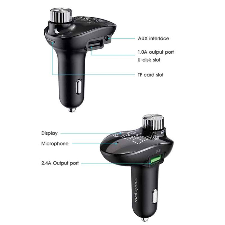 ROCK SPACE B302 18W QC3.0 Dual USB Digital Display Bluetooth Car Charger, Support 64GB U Disk & TF Card / FM / AUX / Hands-free Call, B302