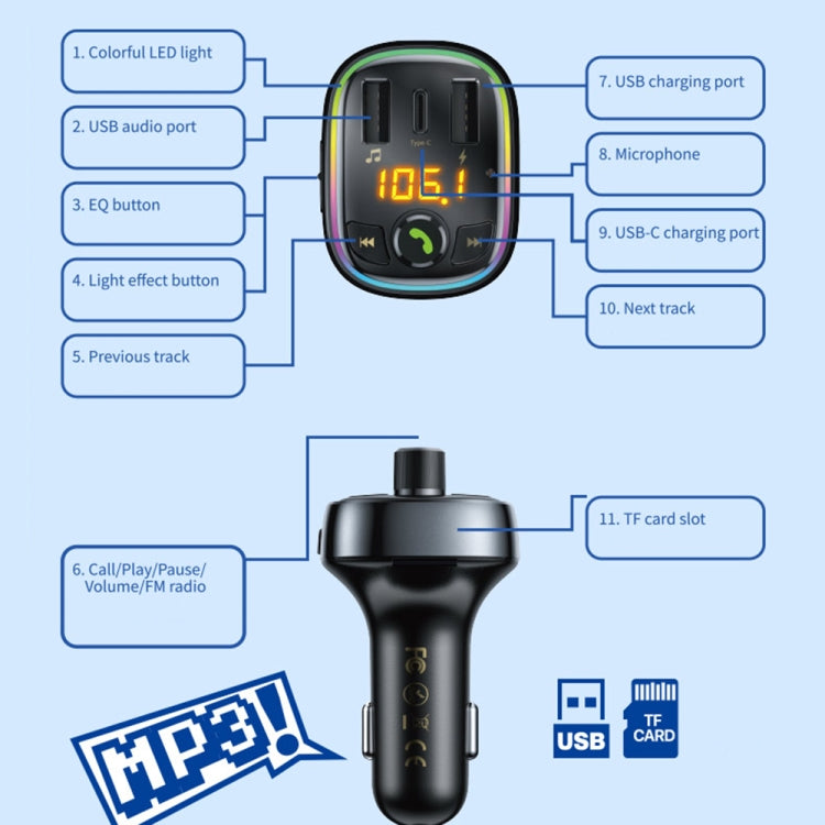 WK WP-C39 USB+USB-C/Type-C MP3 Bluetooth Car Fast Charger, WP-C39