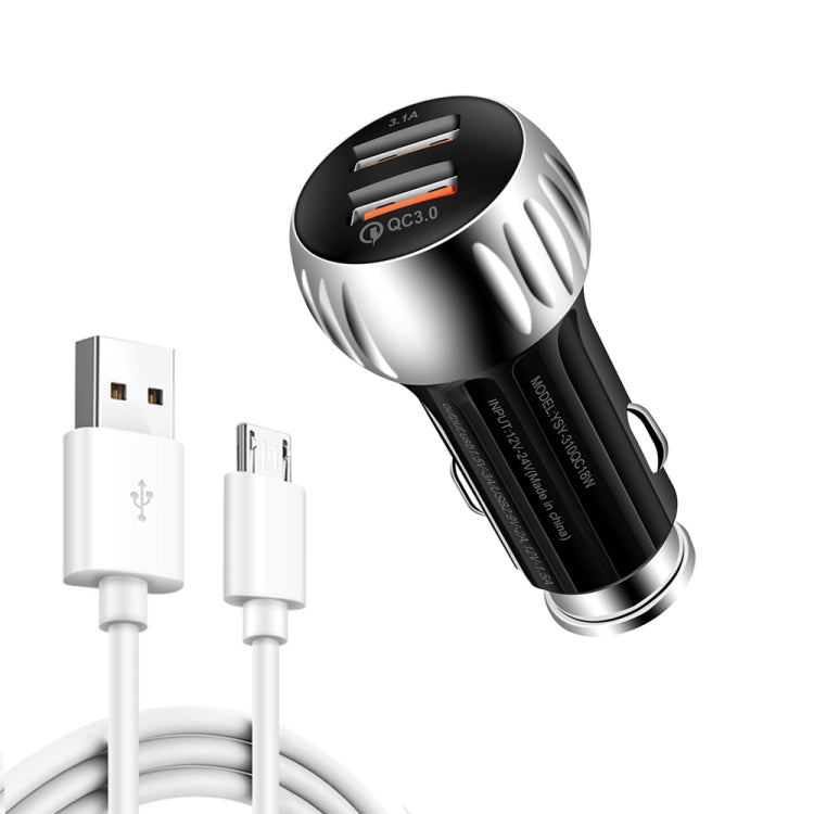 YSY-310QC18W QC3.0 Dual Port USB Car Charger + 3A USB to Micro USB Data Cable, Cable Length: 1m, YSY-310QC18W with Micro USB Cable, with Micro USB Cable