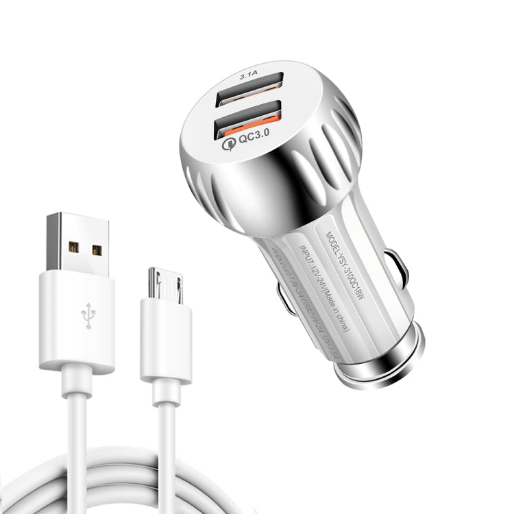 YSY-310QC18W QC3.0 Dual Port USB Car Charger + 3A USB to Micro USB Data Cable, Cable Length: 1m, YSY-310QC18W with Micro USB Cable, with Micro USB Cable