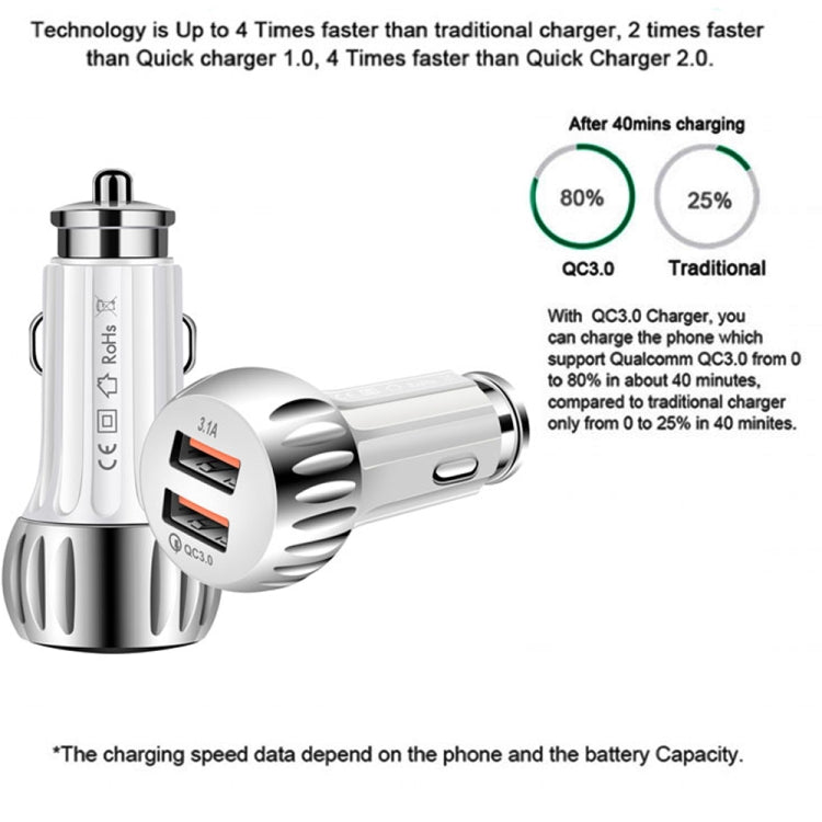 YSY-310QC18W QC3.0 Dual Port USB Car Charger + 3A USB to USB-C / Type-C Data Cable, Cable Length: 1m, YSY-310QC18W with Type-C Cable, with USB-C / Type-C Cable