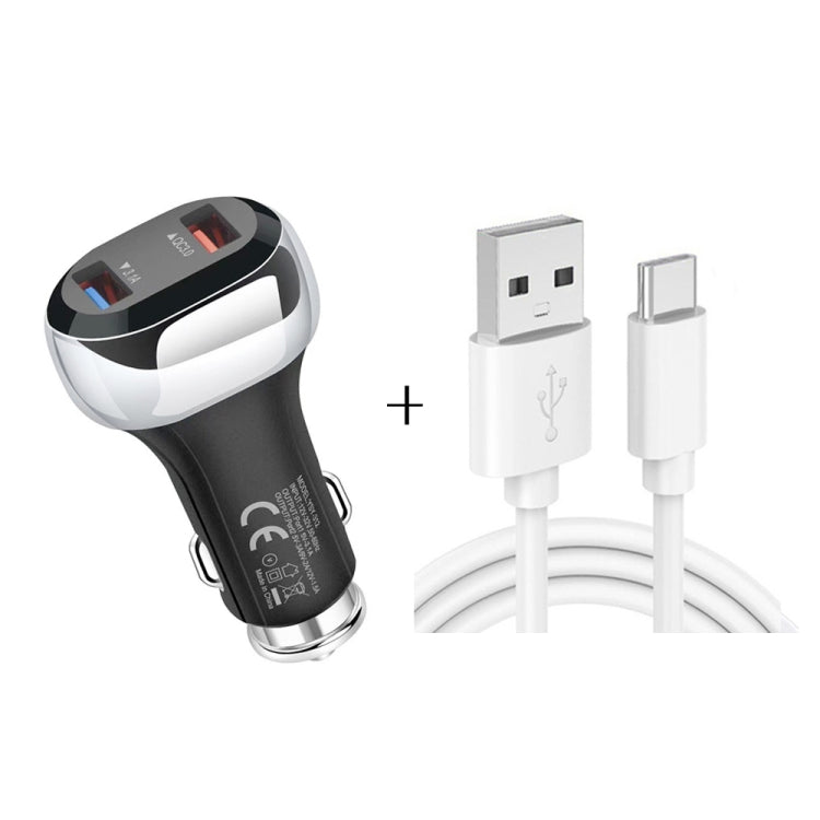 YSY-312 2 in 1 18W Portable QC3.0 Dual USB Car Charger + 1m 3A USB to USB-C / Type-C Data Cable Set, with USB-C / Type-C Cable