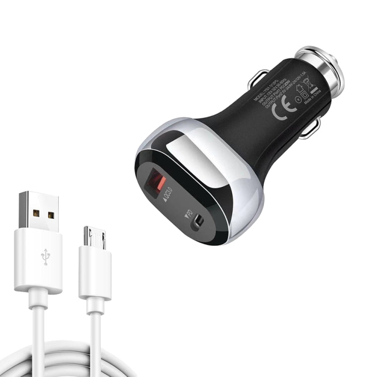 YSY-312PD QC3.0 18W USB + PD 20W USB-C / Type-C Car Charger with USB to Micro USB Data Cable, PD 20W with Micro USB Cable