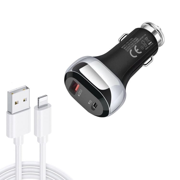 YSY-312PD QC3.0 18W USB + PD 20W USB-C / Type-C Car Charger with USB to 8 Pin Data Cable, PD 20W with 8 Pin Cable