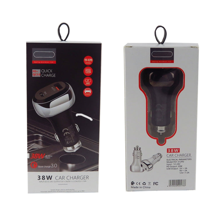 YSY-312PD QC3.0 18W USB + PD 20W USB-C / Type-C Car Charger with Type-C to 8 Pin Data Cable, PD 20W with Type-C to 8 Pin Cable