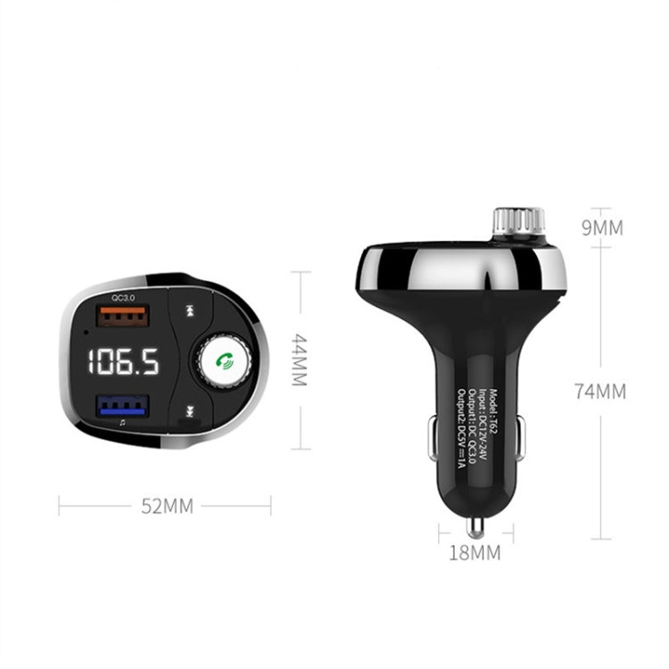 T62 Dual USB QC 3.0 Fast  Charger Bluetooth 5.0 Adapter MP3 Player Handsfree Car Kit FM Transmitter, T62