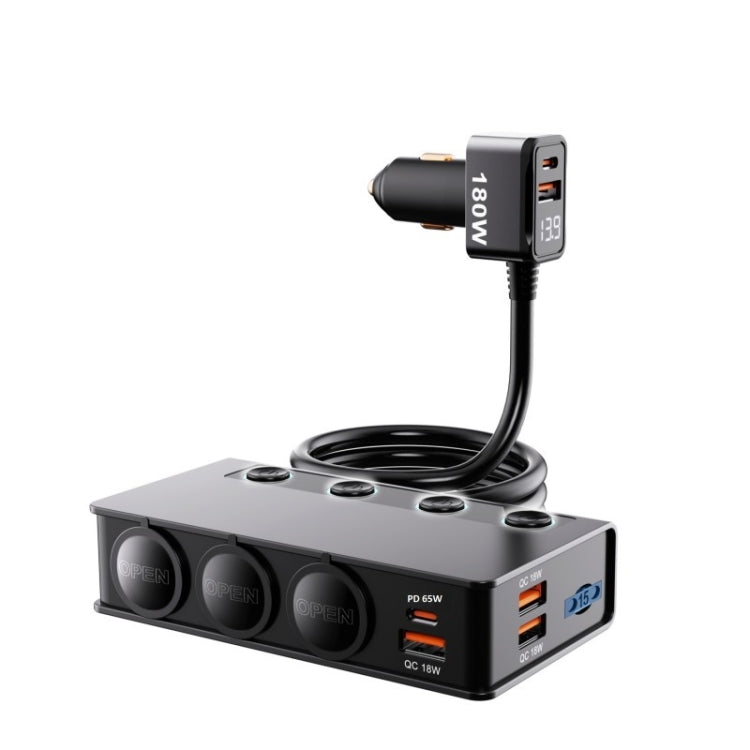 TR-54 9 In 1 Multi Ports PD+QC3.0 USB Car Charger Device 3 Socket Cigarette Lighter Splitter