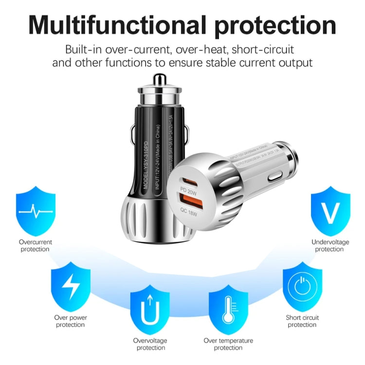 YSY-310PD 38W PD20W USB-C + QC3.0 18W USB Dual Port Fast Car Charger, YSY-310PD Black, YSY-310PD White