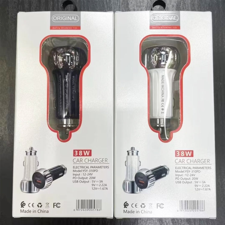 YSY-310PD 38W PD20W USB-C + QC3.0 18W USB Dual Port Fast Car Charger, YSY-310PD Black, YSY-310PD White