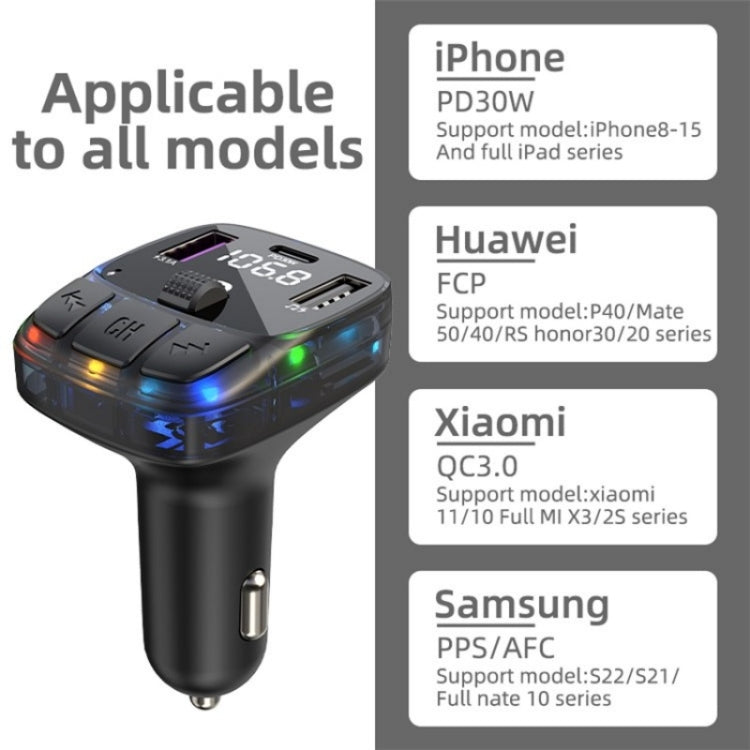 C57 PD Type-C + Dual USB Car Charger Colorful Light Car Bluetooth Adapter FM Transmitter, C57