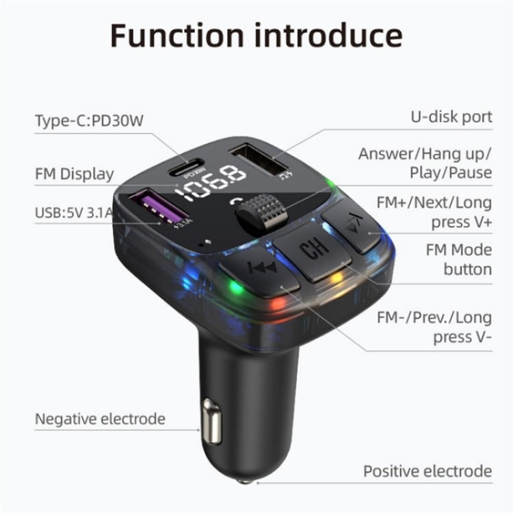 C57 PD Type-C + Dual USB Car Charger Colorful Light Car Bluetooth Adapter FM Transmitter, C57