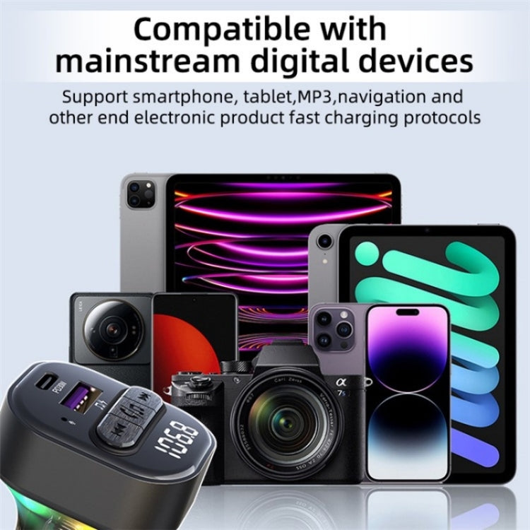 C50 Type-C + USB Car Charger Colorful Light Car Bluetooth Adapter FM Transmitter MP3 Player, C50