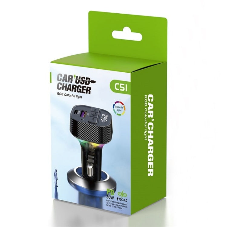C51  Type-C + USB Car Charger Colorful Light Car Bluetooth Adapter FM Transmitter MP3 Player, C51