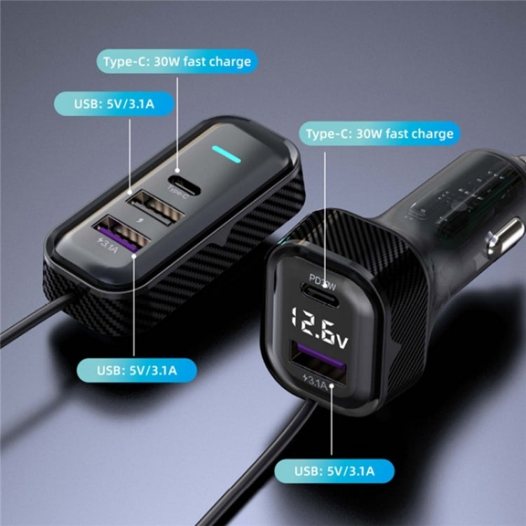YQ6 PD 30W Fast Charging 2 x Type-C + 3 x USB Car Charger with 1.5m Extension Cable, YQ6