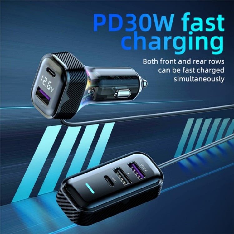 YQ6 PD 30W Fast Charging 2 x Type-C + 3 x USB Car Charger with 1.5m Extension Cable, YQ6