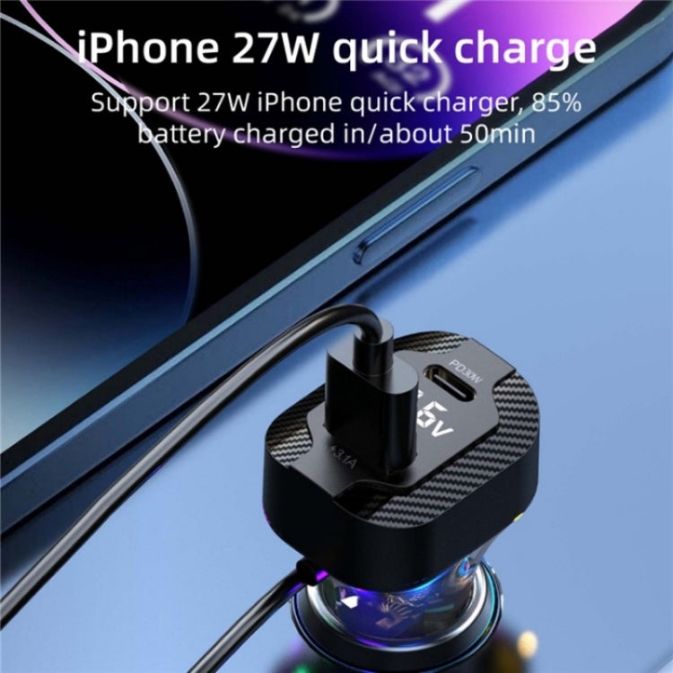YQ7 Voltage Display PD 30W Fast Charging 2 x Type-C + 3 x USB Car Charger with 1.5m Extension Cable, YQ7