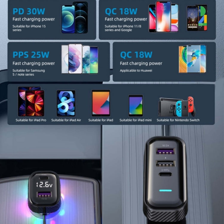 YQ7 Voltage Display PD 30W Fast Charging 2 x Type-C + 3 x USB Car Charger with 1.5m Extension Cable, YQ7