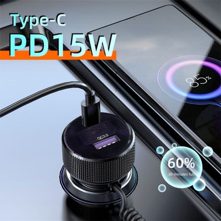 K18B 12-24V Car Charger USB+Type-C Dual Port Charging Adapter with PD 30W Type-C Spring Cable, K18B