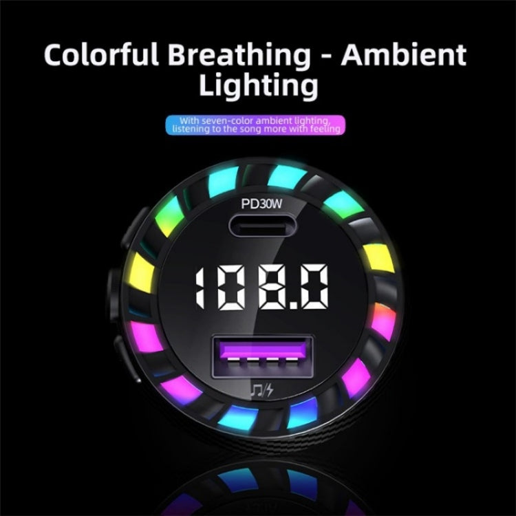 C55 With Breathing Light Bluetooth FM Transmitter USB+Type-C Car Fast Charger, C55