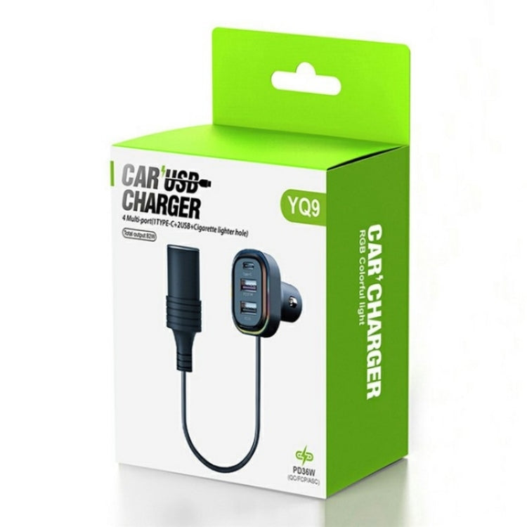 YQ9 12-24V Vehicles Type-C and Dual USB Car Front Rear Seat Cigarette Lighter Charger