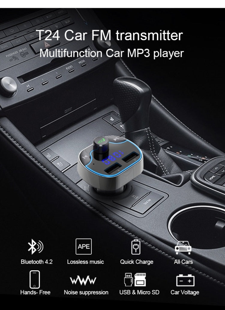 T24FM Transmitter Quick Charge Voice Navigation Car Hands-free Phone Bluetooth MP3 Player, T24