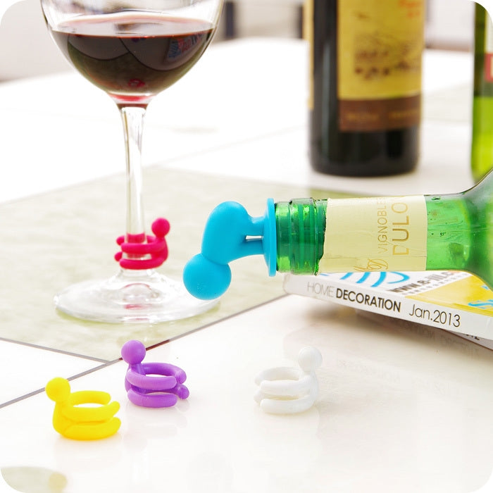 7 PCS Cartoon Silicone Sealed Spiral Red Wine Stopper + Cup Feet Set, Random Color Delivery