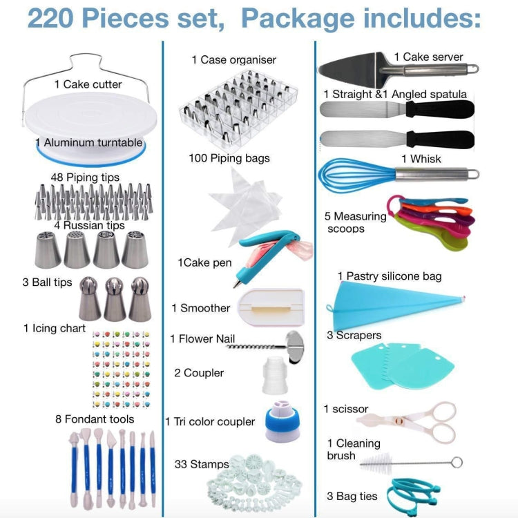 220 in 1 Cake Turntable Decorating Nozzle Set Baking Tool Fondant Mold Set