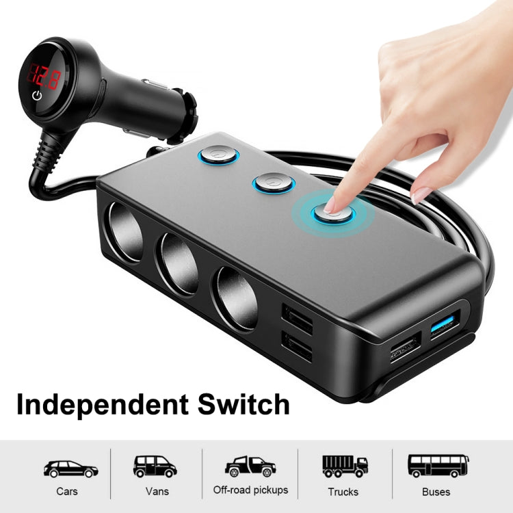 Car Cigarette Lighter Car Charger 3USB Port +1 QC3.0 + 3 Cigarette Lighter Ports + Back Clip Design + LED Display