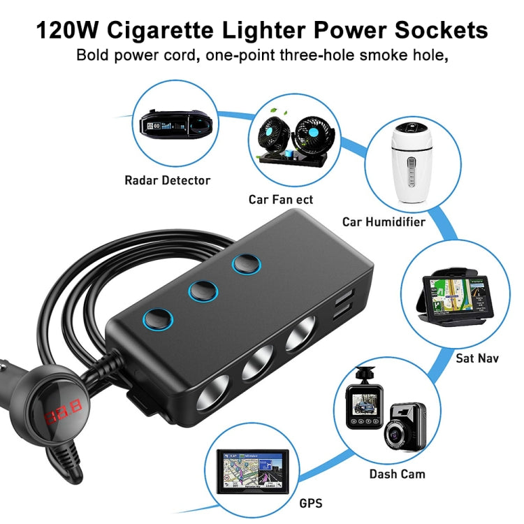 Car Cigarette Lighter Car Charger 3USB Port +1 QC3.0 + 3 Cigarette Lighter Ports + Back Clip Design + LED Display