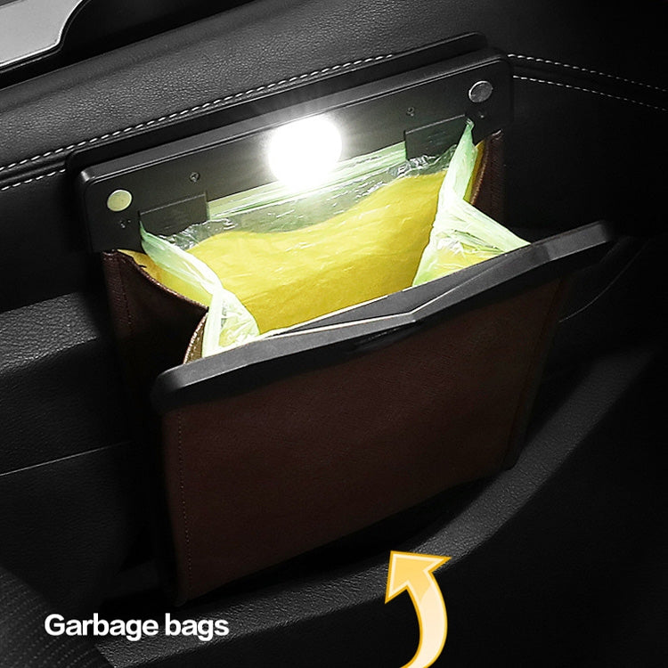 Stylish PU Leather Car Bin with LED Light - Magnetic Hanging Waste Bag
