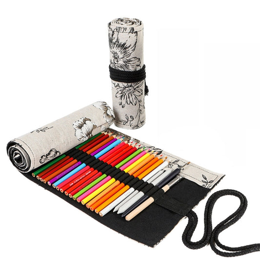 12 Holes Black Peony Printer Canvas Pen Curtain Large Capacity Roller Pen Bag Sketch Color Pencil Stationery Box