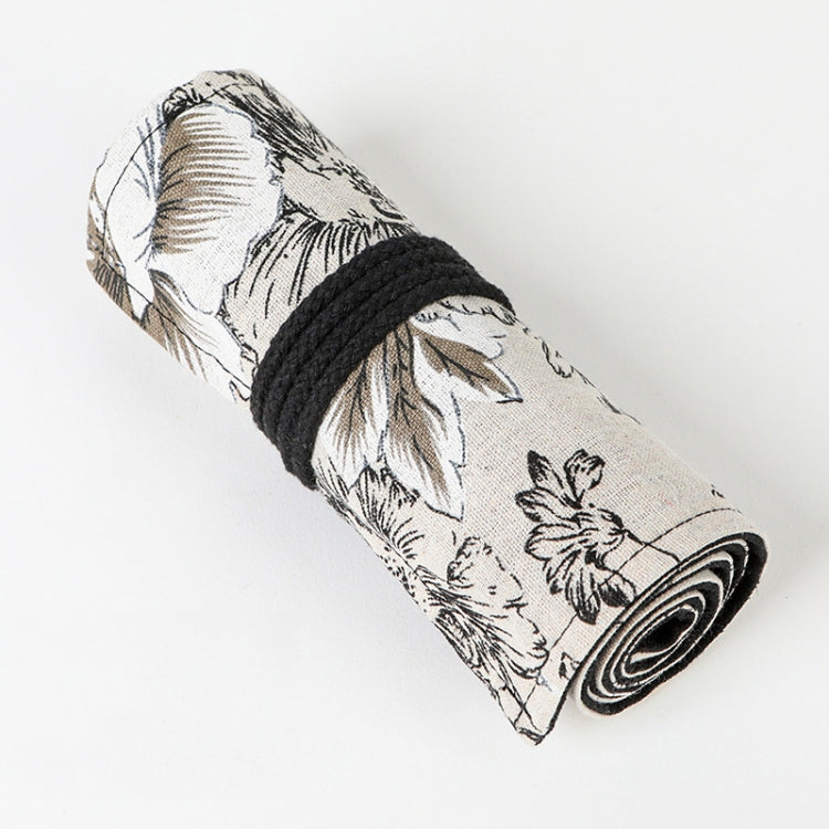 12 Holes Black Peony Printer Canvas Pen Curtain Large Capacity Roller Pen Bag Sketch Color Pencil Stationery Box