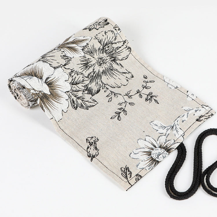 12 Holes Black Peony Printer Canvas Pen Curtain Large Capacity Roller Pen Bag Sketch Color Pencil Stationery Box