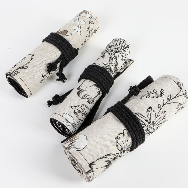 12 Holes Black Peony Printer Canvas Pen Curtain Large Capacity Roller Pen Bag Sketch Color Pencil Stationery Box