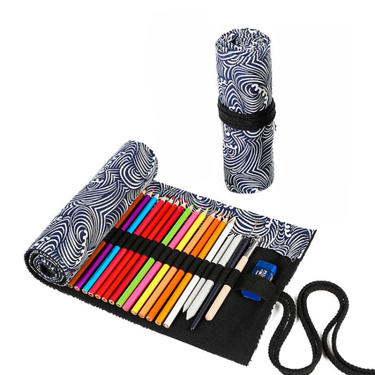 12 Holes Small Waves Printed Canvas Pen Curtain Large Capacity Roller Pen Bag Sketch Color Pencil Stationery Box
