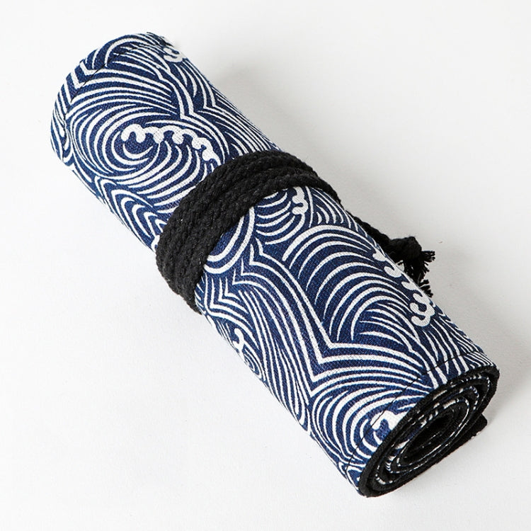 12 Holes Small Waves Printed Canvas Pen Curtain Large Capacity Roller Pen Bag Sketch Color Pencil Stationery Box