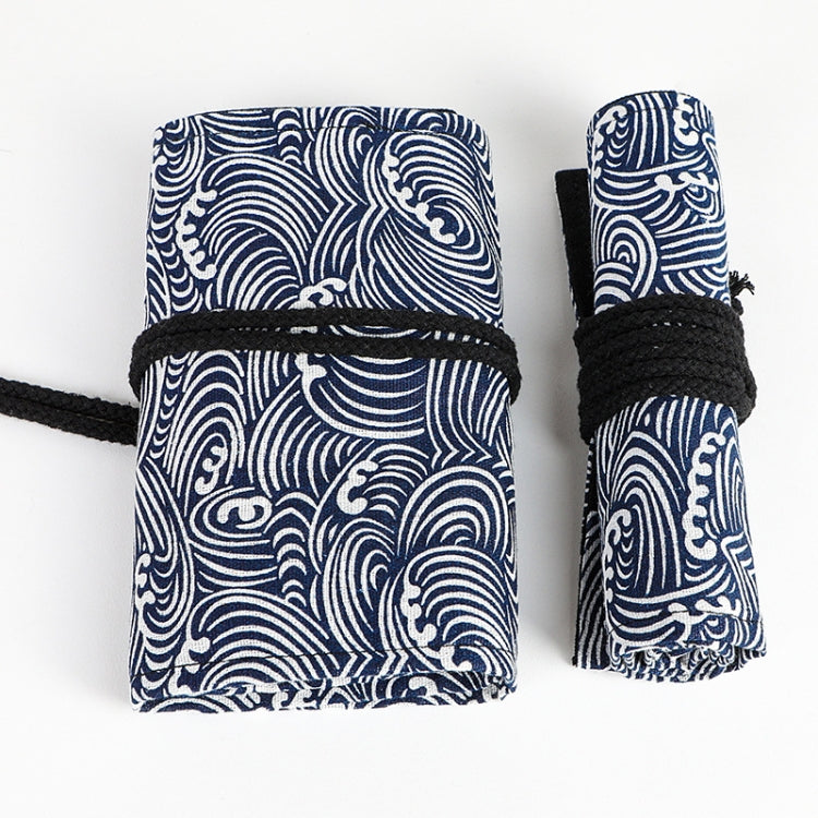 12 Holes Small Waves Printed Canvas Pen Curtain Large Capacity Roller Pen Bag Sketch Color Pencil Stationery Box