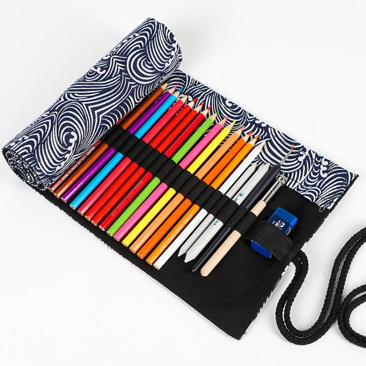 12 Holes Small Waves Printed Canvas Pen Curtain Large Capacity Roller Pen Bag Sketch Color Pencil Stationery Box